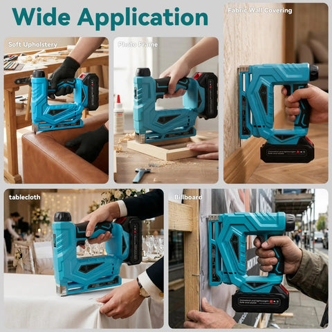 Top Shelf Cordless Nail Gun And 2in1 Brad Nailer Staple Gun With 18V Built Battery in use for upholstery and fabric wall covering.