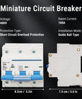 3 Pole DIN Rail Mount Circuit Breaker 100A 400V with Automatic Shutdown and Rapid Arc Extinction, front and side view, dimensions labeled.