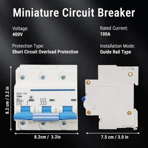 3 Pole DIN Rail Mount Circuit Breaker 100A 400V with Automatic Shutdown and Rapid Arc Extinction, front and side view, dimensions labeled.