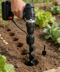 Person using Extended Spiral Auger Drill Bit For Planting 1.6 In Diameter By 8.66 In Length With 3/8 In Hex Shank in garden soil