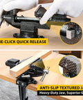 Beefy Heavy Duty 2-In-1 Bench Vise With 3.3 Inch Jaw Width 360 Degree Swivel Base clamping wood with quick release feature
