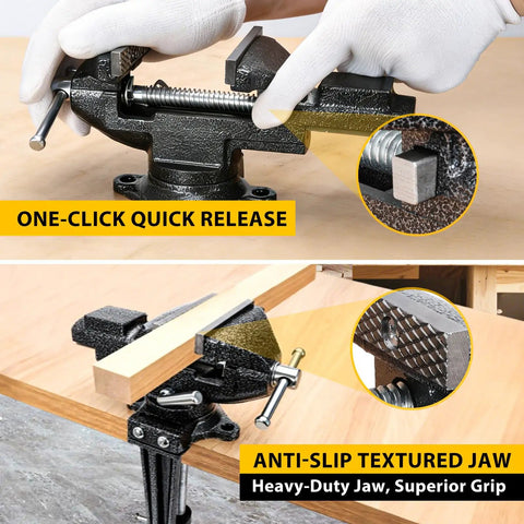 Beefy Heavy Duty 2-In-1 Bench Vise With 3.3 Inch Jaw Width 360 Degree Swivel Base clamping wood with quick release feature