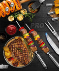 Complete 19-Piece BBQ Grill Utensil Set With Stainless Steel Tools And Aluminum Storage Case displayed with grilled food and skewers