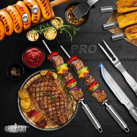 Complete 19-Piece BBQ Grill Utensil Set With Stainless Steel Tools And Aluminum Storage Case displayed with grilled food and skewers