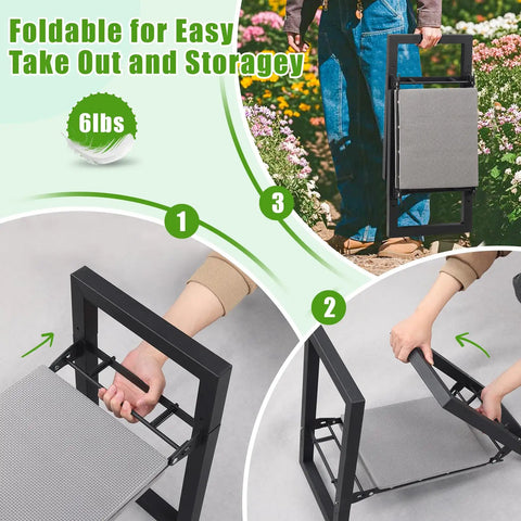 3 In 1 Garden Kneeler And Seat Folding Heavy Duty Bench With Handles for Easy Storage, shown with folding mechanism and 6 lb weight.