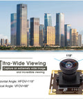 Camera module with 118° wide-angle lens, ultra-wide viewing for expansive cityscape imaging, suitable for PC and 3D printers.