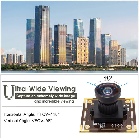 Camera module with 118° wide-angle lens, ultra-wide viewing for expansive cityscape imaging, suitable for PC and 3D printers.