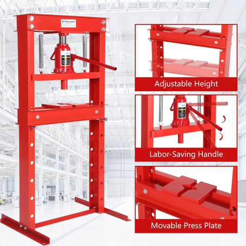 Built Like A Tank 20 Ton Hydraulic H Frame Shop Press showing adjustable height, labor-saving handle, and movable press plate in bold red.