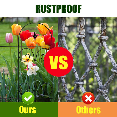 Rustproof Wrought Iron Garden Fence Border 32 Inch High And 20 Feet Long Across 14 Panels displayed against rusty fence