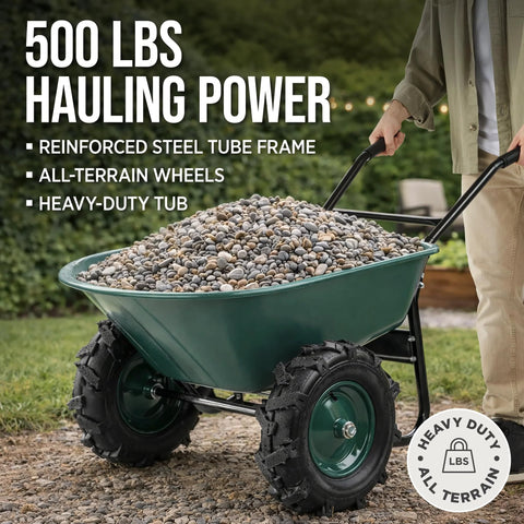 Heavy Duty Dual Wheel Wheelbarrow Garden Cart With 500 Pound Capacity Extra Large Wheels Loaded with Gravel
