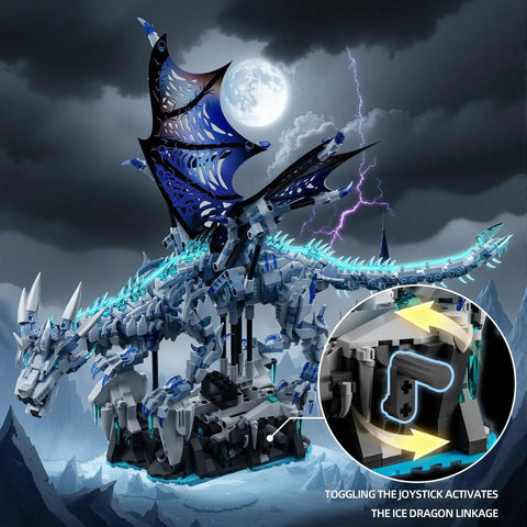 Dark Ice Dragon Building Block Set With Hand Crank Motion featuring movable wings against stormy sky