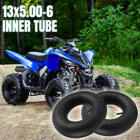 Blue ATV with 13x5.00-6 Inner Tubes With Straight Valve Stem Two Pack Heavy Duty 5.00-6 Replacement Tire Tubes in foreground