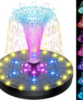Upgraded Solar Fountain For Garden Pond And Bird Bath With 60 LED RGB Lights 7 Nozzles And 4 Fixers Built In 4000mAh Battery Ideal Outdoor Water Feature For Yard Pool, displaying colorful water jets and lights