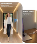 Motion Activated LED Dimmer Controller with PIR sensor, illustrating motion sensing in a hallway and a button switch on a desk.