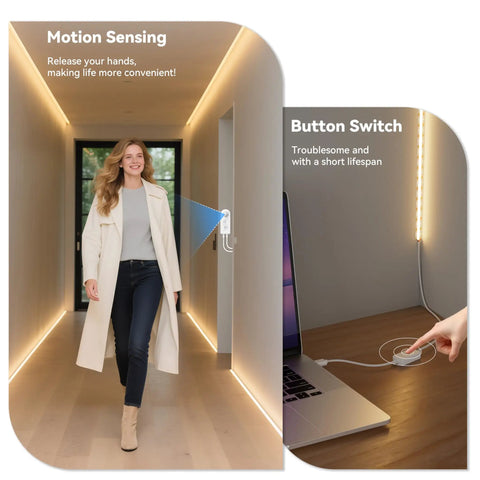 Motion Activated LED Dimmer Controller with PIR sensor, illustrating motion sensing in a hallway and a button switch on a desk.