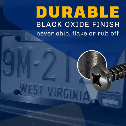 Black Oxidized 18-8 Stainless Steel License Plate Screws Pack Of 4 For Rustproof Security And Saltwater Resistance in use on car.