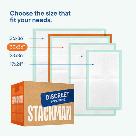 Extra Large Disposable Bed Pads 30 By 36 Inches 50 Pack showcased with various sizes to fit different needs.