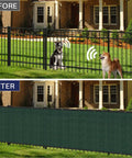 Before and after comparison of Privacy Fence Screen 6x50 Feet Heavy Duty Mesh for outdoor walls blocking visibility and enhancing privacy.
