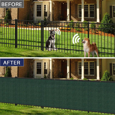Before and after comparison of Privacy Fence Screen 6x50 Feet Heavy Duty Mesh for outdoor walls blocking visibility and enhancing privacy.