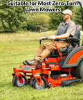 Person using a zero-turn mower with Flat Free 11x6.00-5 Lawn Mower Tire And Wheel Set For Zero Turn Mowers Built Tough For Lawn Work