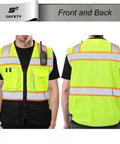 Heavy Duty Ansi Class Two High Visibility Safety Vest With Nine Pockets And Reinforced 360 Degree Reflective Strips, front and back view.