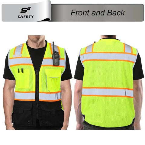 Heavy Duty Ansi Class Two High Visibility Safety Vest With Nine Pockets And Reinforced 360 Degree Reflective Strips, front and back view.