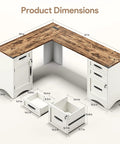 67 Inch Farmhouse L Shaped Standing Desk With Drawers And Fast Charging Station, Lockable File Cabinet, Wood finish, dimensions displayed