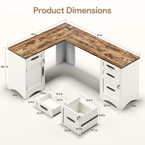 67 Inch Farmhouse L Shaped Standing Desk With Drawers And Fast Charging Station, Lockable File Cabinet, Wood finish, dimensions displayed