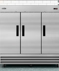 Heavy Duty Three Door Commercial Reach In Freezer With Stainless Steel And Aluminum Interior, 72 cubic foot cold storage.