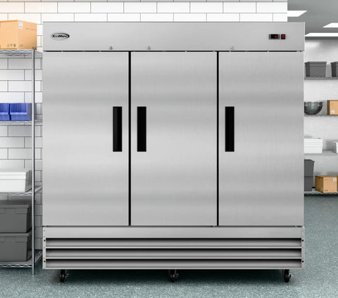 Heavy Duty Three Door Commercial Reach In Freezer With Stainless Steel And Aluminum Interior, 72 cubic foot cold storage.