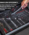 Tool Box Foam Inserts 4 Pack With Two 16x12x2 In And Two 16x12x1 In Cushioned Case Liners Tool Shadow Organizer Sheets For Hard Cases Kaizen Style Storage Foam Black With Red placed in a drawer with hand holding wrench