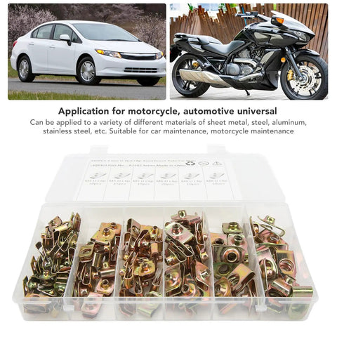 U Nut Kit 100 Pcs Stainless Steel M8 Assortment For Auto Body Panel Bumper Repair Clamp Nuts For Sheet Metal And Plastic Trim Rust Resistant Galvanized Finish With Secure Fixing For Car Panels. Open organizer with M8 clip nuts for car and motorcycle panels