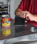 Heavy Duty Rubberized Waterproof Tape For Patching Leaks And Sealing Repairs That Works Underwater, Tough As Nails For Indoor And Outdoor Use On Home RV Roof Plumbing And Pool Projects, Black 4 In By 5 Ft Pack Of 1 being applied to metal