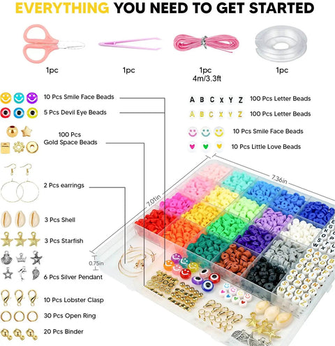 Starter Jewelry Making Kit With Thousands Of Polymer Clay Beads And Charms For Bracelets displayed with tools and bead variety