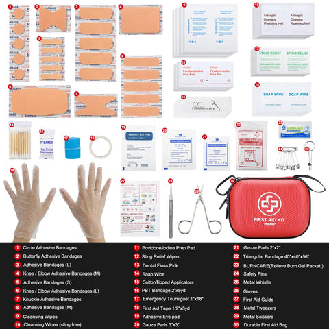 Front view of red hard-shell mini first aid kit with assorted bandages, wipes, scissors, tweezers and adhesive pads.