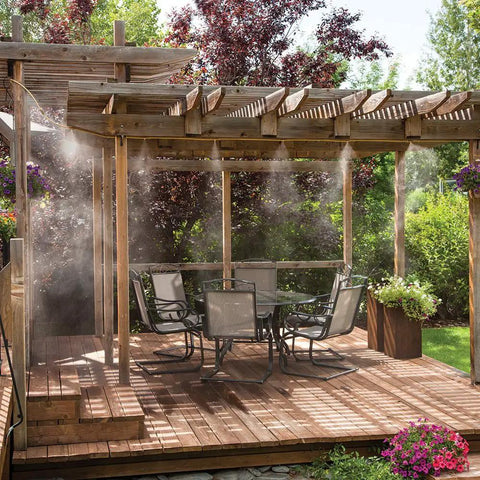 Portable Outdoor Mist Cooling System With One Quarter Inch Line, Ten Feet Of Mist Coverage, Installs In Under Ten Minutes on patio