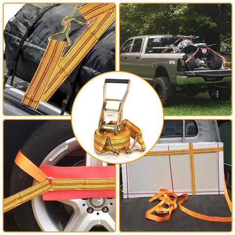 Heavy Duty Four Pack 2 Inch Ratchet Straps With Reinforced Barrels And Double J Hooks For Bulletproof Cargo Tie Downs on truck and bike.