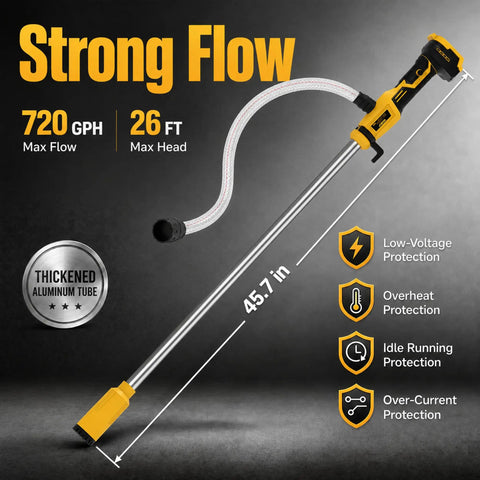 Compact Cordless Stick Water Transfer Pump For Outdoor Tank Draining And Emergency Fluid Removal with aluminum tube and hose.