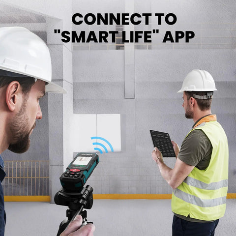 Outdoor Laser Measure 330 Feet With Cam Viewfinder And Adjustable Aluminum Tripod Portable Handle And Protective Case For Easy Outdoor Measuring Long Distance Accuracy To One Sixteenth Inch PowerBurst PowerChirp Tech on tripod with app view