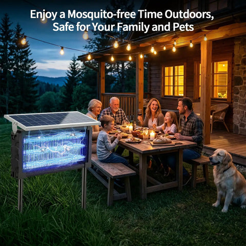 Family outdoors using Solar Bug Zapper Outdoor Waterproof With 4500V Grid, 3 LED Tubes, Large Cordless Electric Mosquito Trap