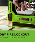 Hand using 24V Crown Stapler With Three Eighths Inch Crown Staples, visible safety lock, cordless design for woodworking.