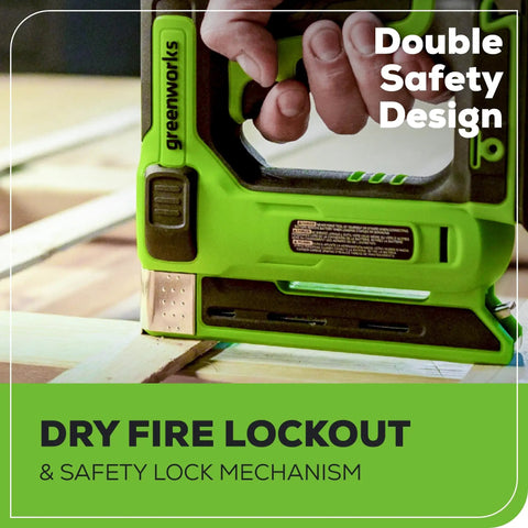 Hand using 24V Crown Stapler With Three Eighths Inch Crown Staples, visible safety lock, cordless design for woodworking.