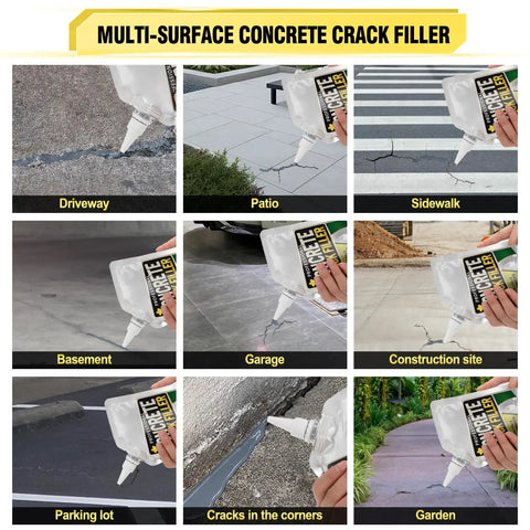 Heavy Duty Self Leveling Concrete Crack Filler With High Elasticity for driveways, walkways, patios, waterproof sealant shown on multiple surfaces