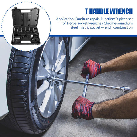 Beefy Metric T Handle Socket Wrench Set Rock Solid Vanadium Steel Spanners used for tire changes on a car.