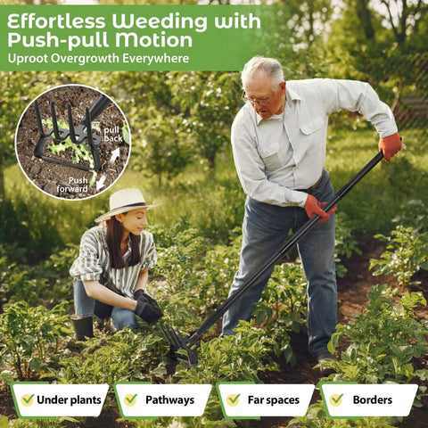 Heavy Duty Workhorse 2 In 1 Garden Hoe For Weeding And Cultivating With A Sharp 4 Tine Cultivator And Stirrup Hoe 76 Inch Long Handle Lightweight Yet Durable Weeding Rake For Grass Beds And Soil Aeration, used in a garden bed