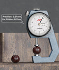 Thickness Gauge 0-20mm With Flat Tip Dial Indicator, 0.1mm Accuracy, Rugged Metal Build, White Dial With Clear Graduations, Handy For DIY Projects, Shop Work, And Metalworking Measurements on balls