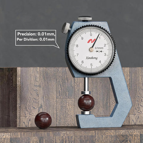 Thickness Gauge 0-20mm With Flat Tip Dial Indicator, 0.1mm Accuracy, Rugged Metal Build, White Dial With Clear Graduations, Handy For DIY Projects, Shop Work, And Metalworking Measurements on balls