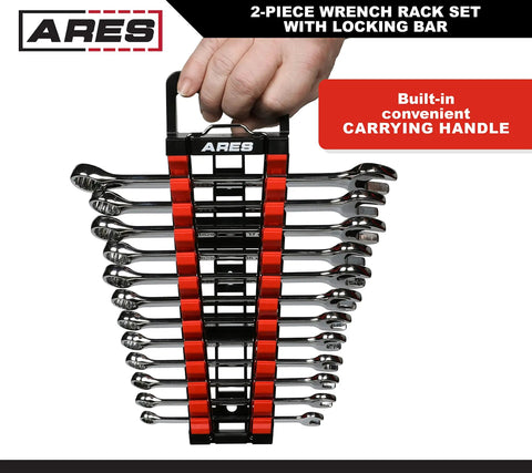 Gotta Keep Your Shop Super Tidy With This Heavy Duty 2 Piece Wrench Holder Rack Set Featuring Slam Lock Grips For SAE And Metric Tools Wall Mount Garage Organizers with built-in carrying handle.