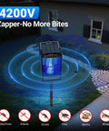 Outdoor Solar Mosquito Zapper With Ground Bracket And Hook For Quick Setup Cordless Waterproof Fly Killer With Illuminated Light And 5000mAh Rechargeable Battery For Camping Garden And Yard on grass near a house