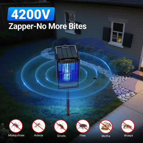 Outdoor Solar Mosquito Zapper With Ground Bracket And Hook For Quick Setup Cordless Waterproof Fly Killer With Illuminated Light And 5000mAh Rechargeable Battery For Camping Garden And Yard on grass near a house
